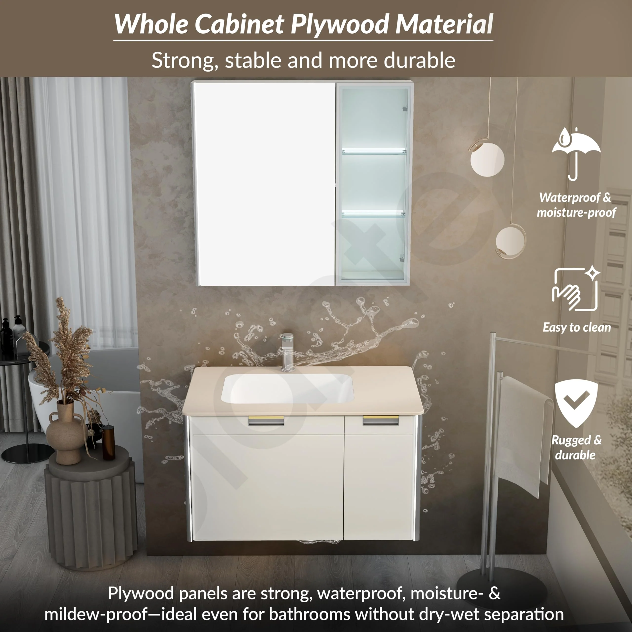 Plantex Wash Basin with Cabinet Full Set/Rectangle Bathroom Vanity/Bathroom Washbasin Cabinet with LED Mirror and Coupling (NZBC-37) - Image 2