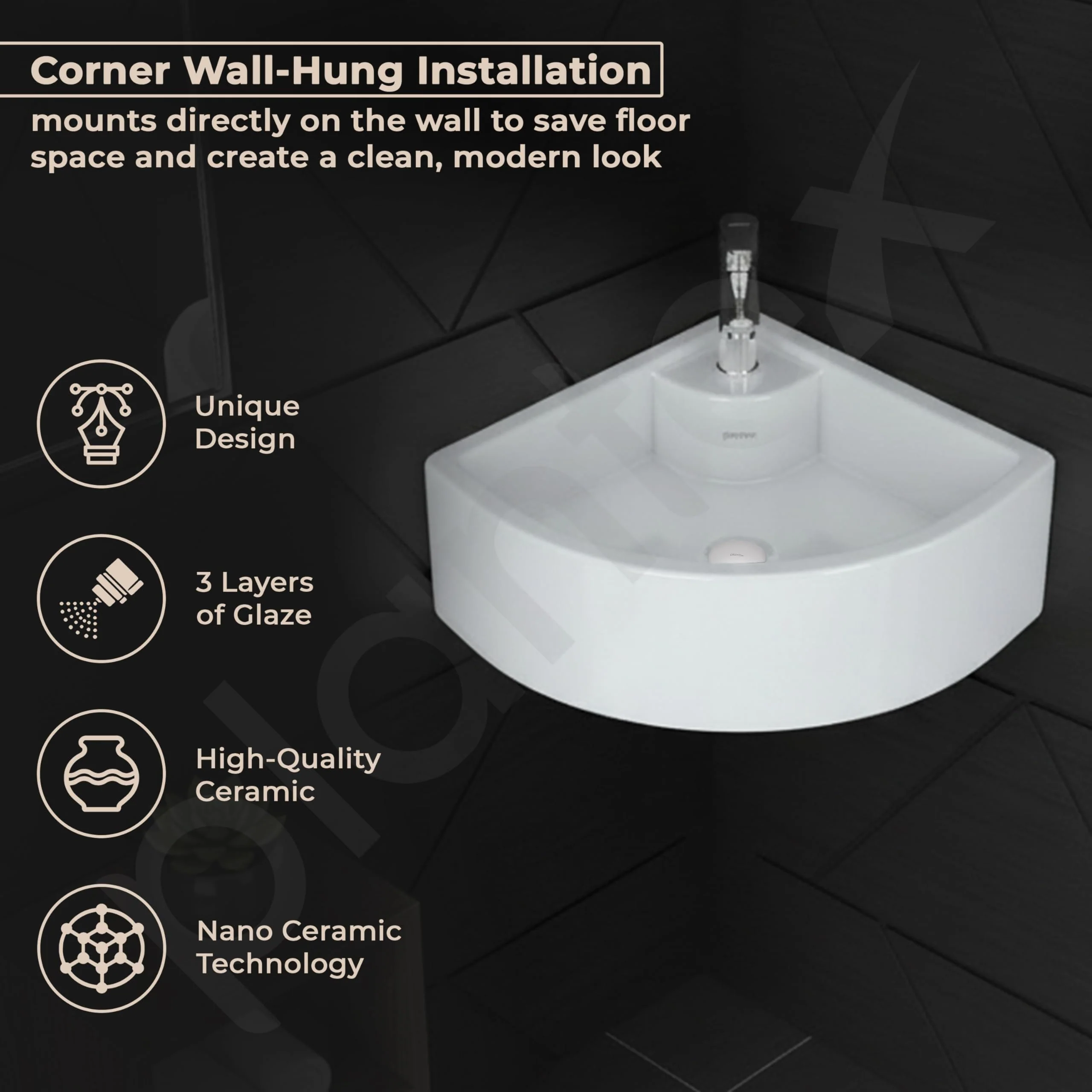 Plantex White Ceramic Corner Washbasin/Wall Mount Basin for Bathroom/Wall Hung Wash Basin/Small Corner Sink/10 Years Glaze Warranty by Plantex (Cornia - 16 x 16 x 10 Inch) - Image 2