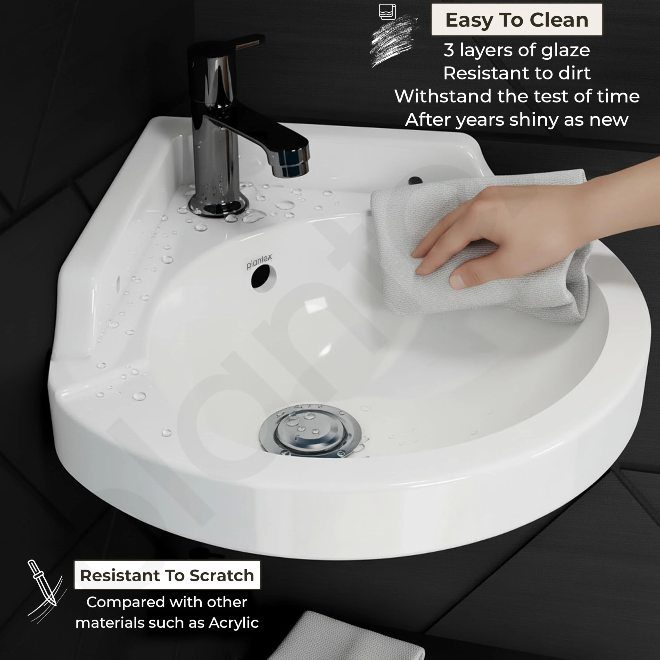 Plantex White Corner Wash Basin/Wall Mount Basin for Bathroom/Ceramic Tabletop Basin with 10 Years Glaze Warranty by Plantex/Small Corner Sink (Breva, 14.5 x 14.5 x 5 Inch) - Image 5